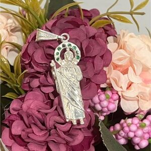 925 Sterling Silver Saint Jude Pendant with Green Accents